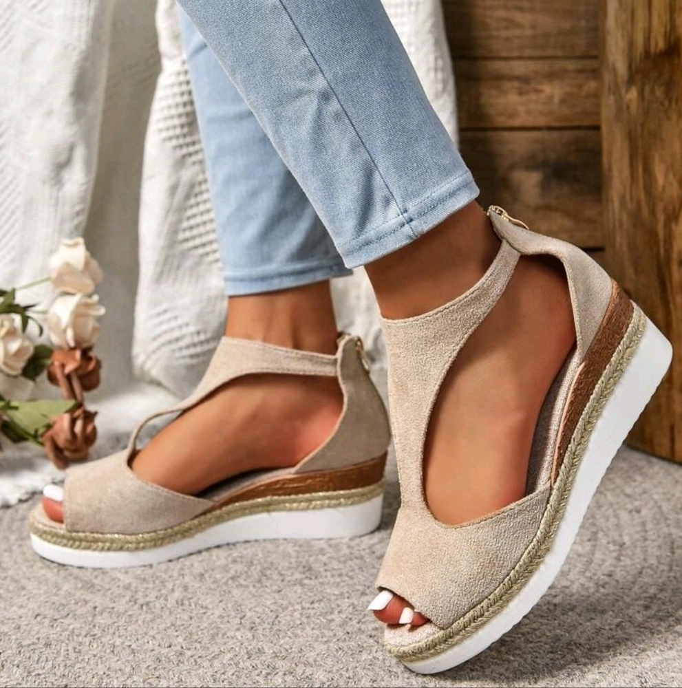 Roman Style Retro Fashionable Peep Toe Zipper Back Lightweight Wedge Platform - Picture 5 of 6